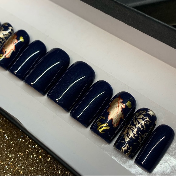 Navy Blue & Gold Foil Custom Luxury Press Ons - Picture 3 of 5
